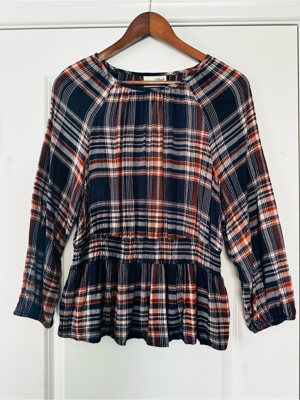 100% Rayon Plaid Peplum Top Navy Rust Flannel Soft Cozy Fall Boho Western Small